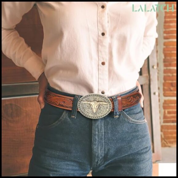 Western Leather Belt with Large Gold Bull Buckle for Jeans main image 4